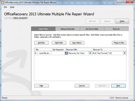 В приложении Multiple File Repair Wizard нажав «Start Recovery Wizard» добавляем поврежденный файл docx