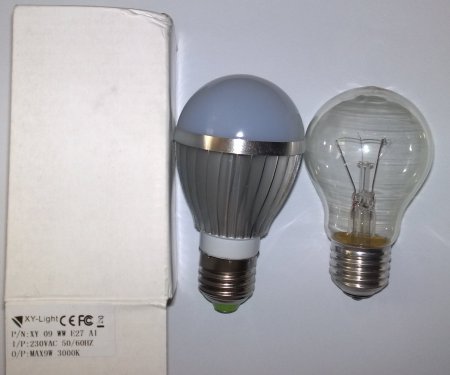 Сравнение LED 9 Вт E27 XY-Light с лампой накаливания