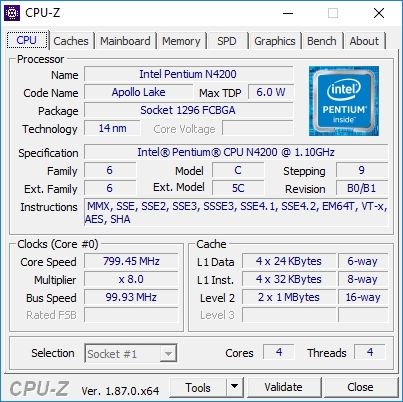 Данные процессора компьютера в программе CPU-Z